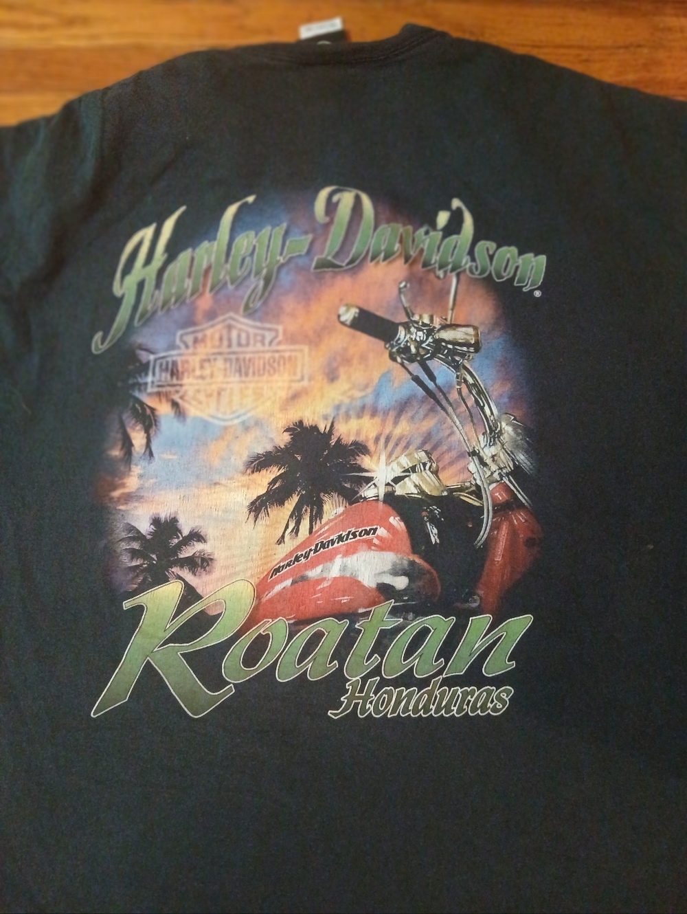 Harley-Davidson Black Tee with Orange Sunset and Green 'Roatan'